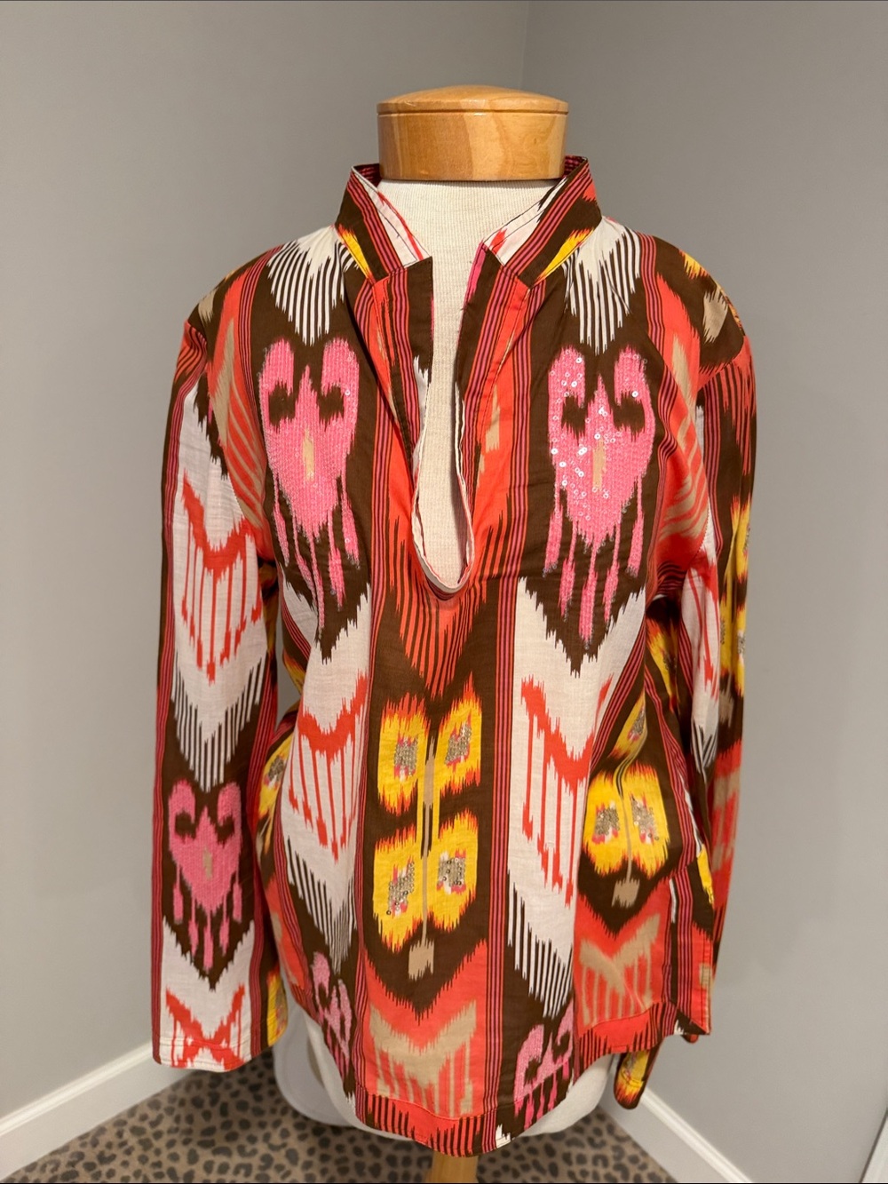 Tory Burch classic Vibrant Ikat Print Tunic Top - Pink, Orange, Brown & Yellow
